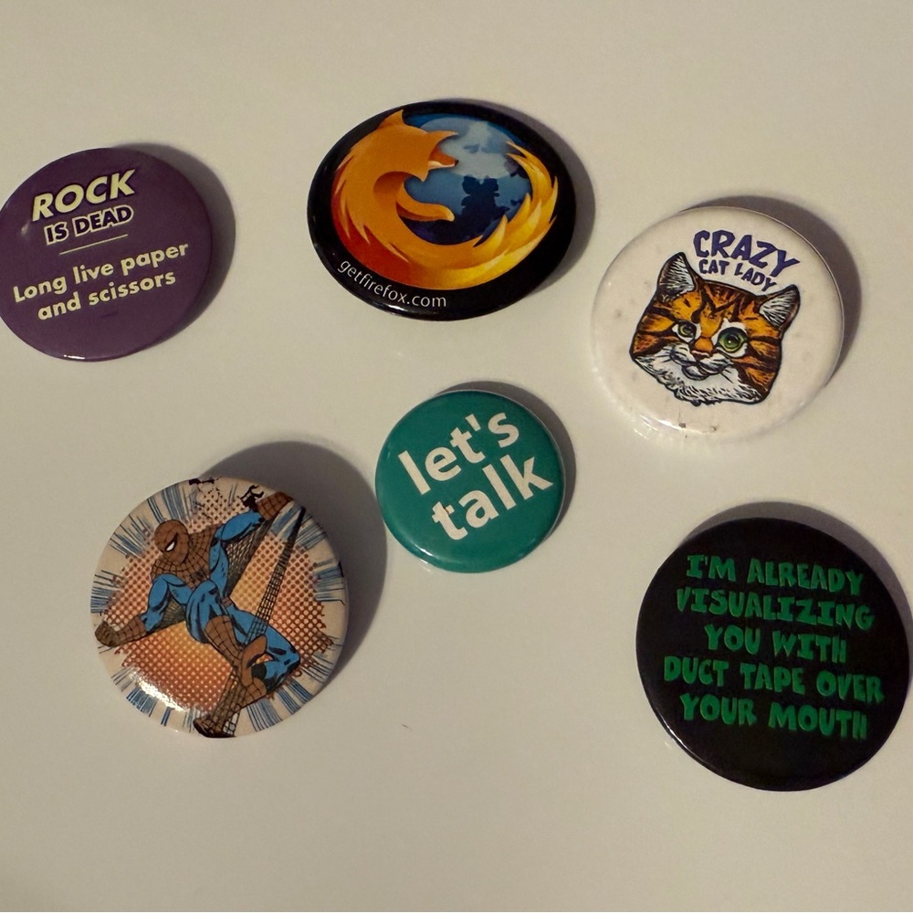 Lot of 6 Assorted 2000s Pinback Buttons - Including Spiderman!